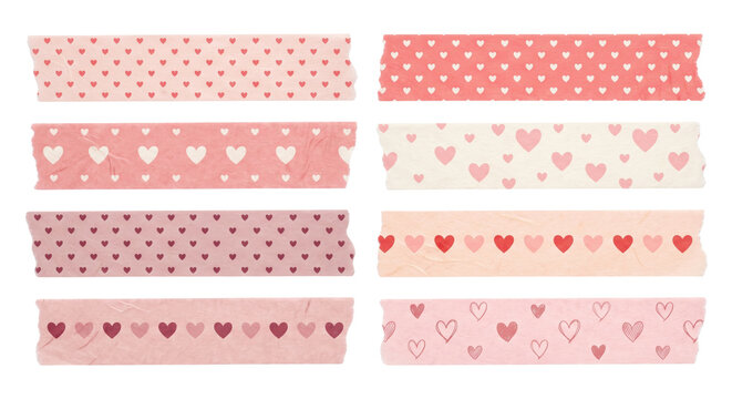 Pink washi tape strips with hearts, isolated on transparent background