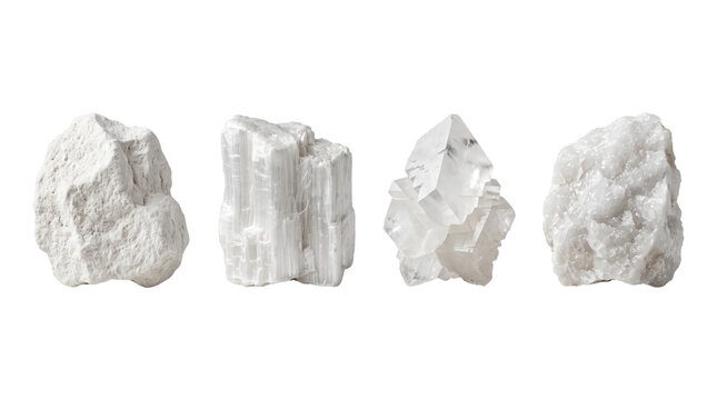 White mineral crystal stones and quartz, isolated on transparent background