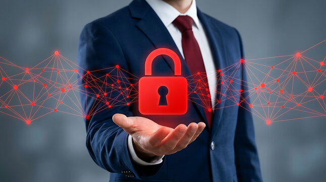 Businessman holding a glowing red digital padlock and secure network concept