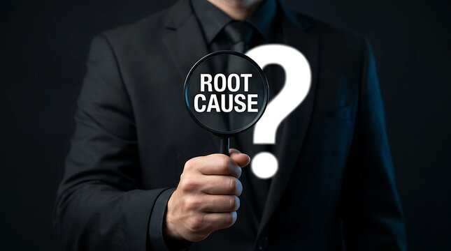 Businessman holding magnifying glass with root cause text concept