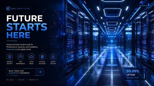 Futuristic server room interior with rows of blinking blue data center hardware racks