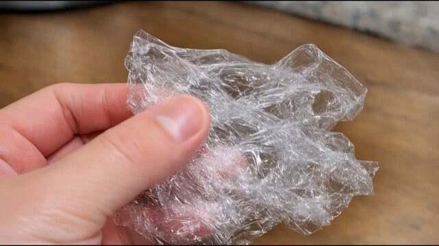 A person holding a piece of plastic wrapped in plastic