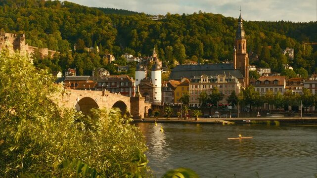 Hyperlapse of the Old Town, promenade, the Old Bridge and Neckar river in Heidelberg, Germany 