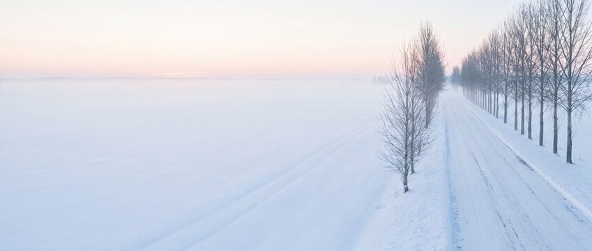 Untouched snow field beside a line of bare trees at first light