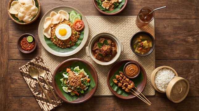 Top view of traditional Indonesian food feast with fried rice satay beef rendang and gado gado