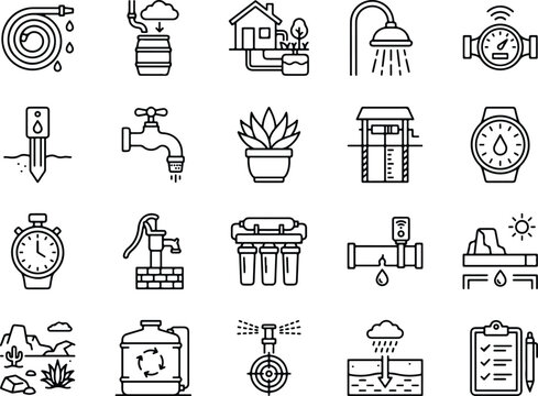 Water conservation line icons, 20 sustainable plumbing and irrigation symbols, eco-friendly water management vector set for environmental infographics