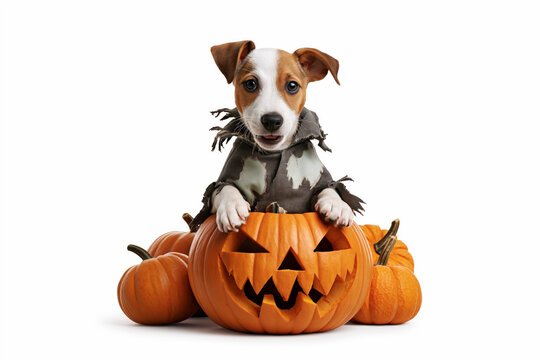 Jack Russell Terrier wearing tattered zombie costume carrying jack-o-lantern basket in mouth