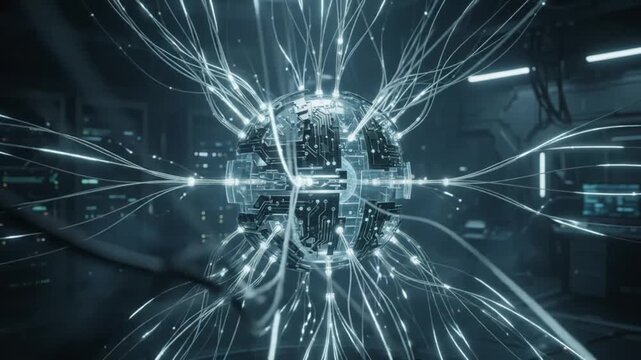 Glowing digital core orb featuring complex network connections and electrical impulses pulsing in a dark high tech laboratory motion animation