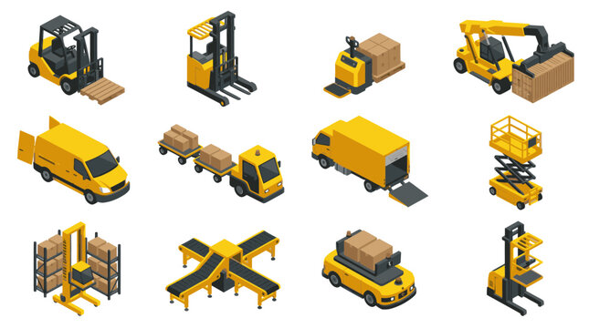 Industrial Showcasing Various Yellow Forklifts Vehicles and Warehouse Equipment Handling Cargo with high quality professional line art symbols for modern creative design and digital branding projects