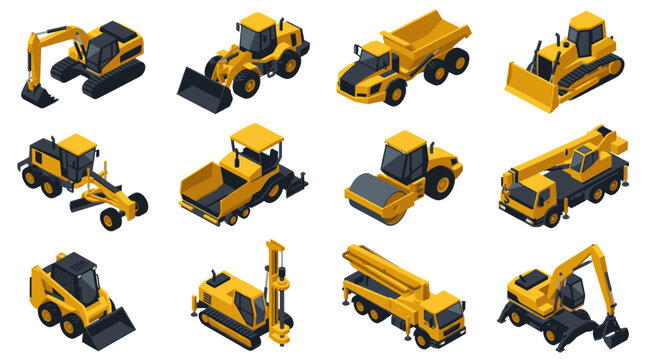 Sleek Collection of 12 Vibrant Yellow and Black Isometric Construction Equipment Vehicles for Industrial Design