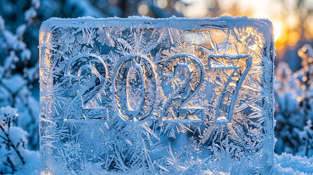 2027 Carved in Ice Block in Snowy Winter Landscape
