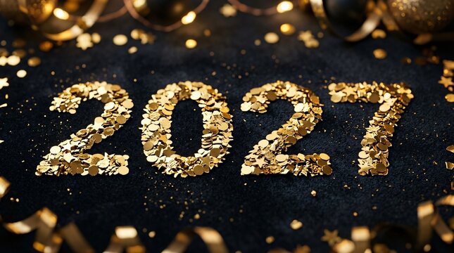 2027 New Year Celebration with Christmas Ornaments on Red Velvet