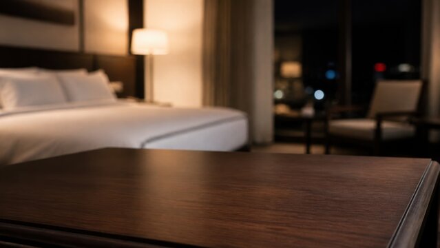 Empty dark wood side table product display background in luxury hotel suite at night with king bed white pillows bedside lamp city lights bokeh
