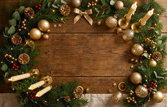 Christmas Decorations with Candles and Pine Branches on Wooden Table