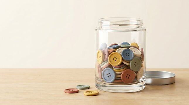 Assorted colorful muted tone sewing buttons in clear glass jar on wooden surface, minimalist craft and hobby organization concept.