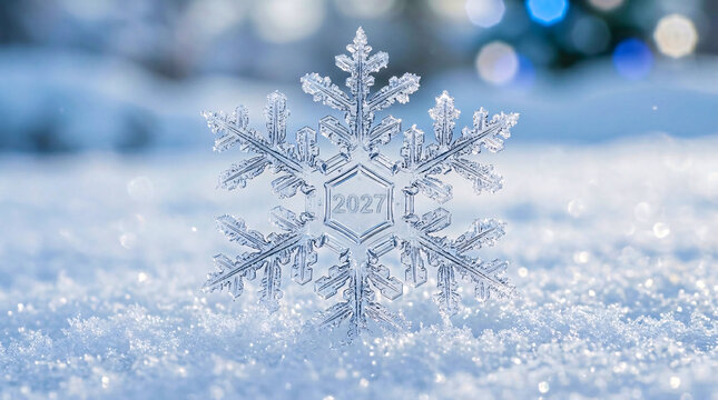 Snowflake with 2027 Engraving on Snowy Ground