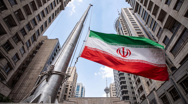 Iranian National Flag Waving on Metal Flagpole Against Modern Building