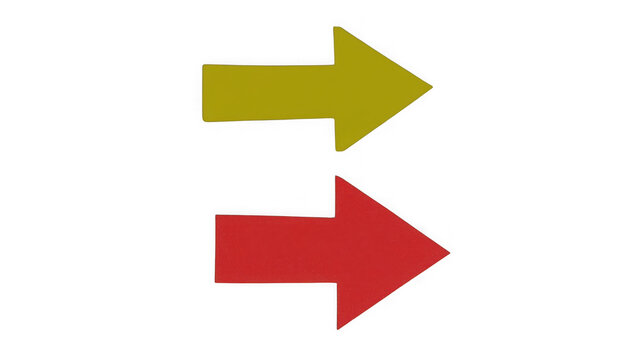 Two stacked horizontal arrows in yellow and red colors pointing to the right side against a solid black background, for directional signage isolated on a transparent background