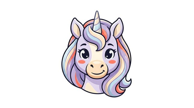 Cute cartoon unicorn head with colorful pastel mane vector illustration isolated on white background