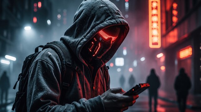 Cyberpunk hacker wears hoodie, tech mask with glowing red eyes in dark city. Person uses smartphone in neon urban street at night. Sci-fi character uses mobile device in futuristic metropolis with
