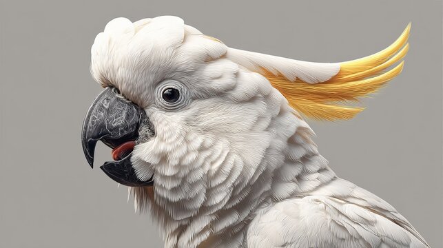 Striking white cockatoo perched, showcasing brilliant yellow crest feathers and intense, shadowed eye detail against gray backdrop