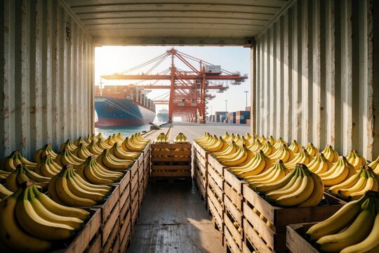 Yellow bananas in wooden crates inside shipping container. Cargo ship and cranes visible at busy port loading dock. Fresh fruit export logistics at global trade hub.