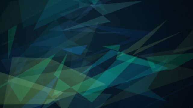 Abstract geometric shapes with dark green and blue shifting triangles, poly motion background concept for digital art, website design and corporate presentation visuals