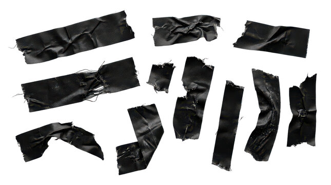 Black duct tape strip collection, adhesive repair patch element, isolated on transparent background