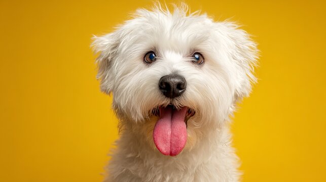 Adorable fluffy white dog playfully panting against a bright yellow studio backdrop, showcasing pet portrait concept
