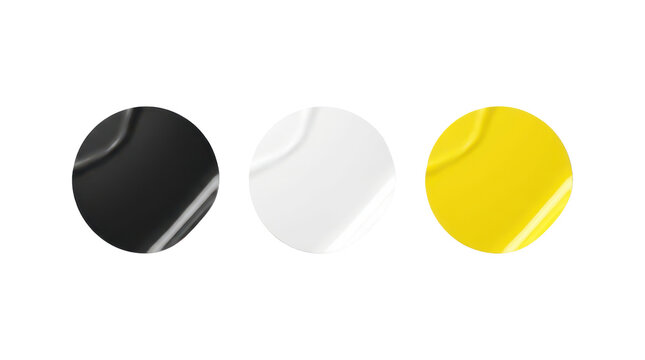 Round sticker mockup collection, blank adhesive badge template, isolated on transparent background