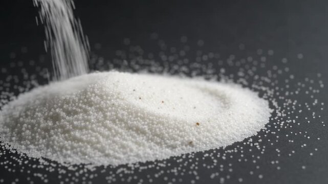White granulated sugar pouring down onto dark surface creating dynamic pile in this high quality slow motion video clip animation