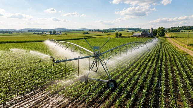 Center pivot irrigation system watering green crops in a large agricultural field