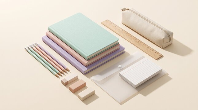 An organized flat lay of pastel notebooks, pencils, erasers, a ruler, and a pencil case for school or office work