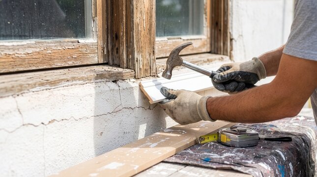 Carpenter hands in protective gloves using hammer to carefully install white wooden molding trim around old renovated window frame structure