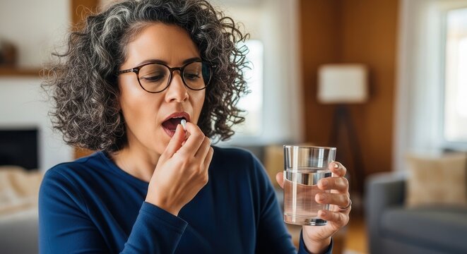 Mature woman taking a supplement pill while holding a glass of water. Bright home interior setting for menopause wellness support.