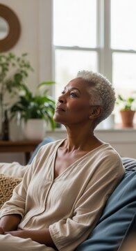 Mature woman relaxing at home during menopause transition. Soft natural light illuminates her peaceful expression in a cozy living room setting.
