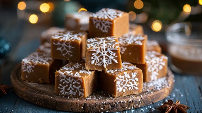 Stacked fudge squares with intricate white snowflake designs sit atop a wooden platter, evoking holiday warmth and festive seasonal indulgence