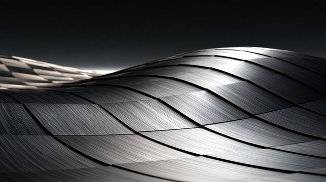 Abstract wavy metallic grid surface with light reflections dark background
