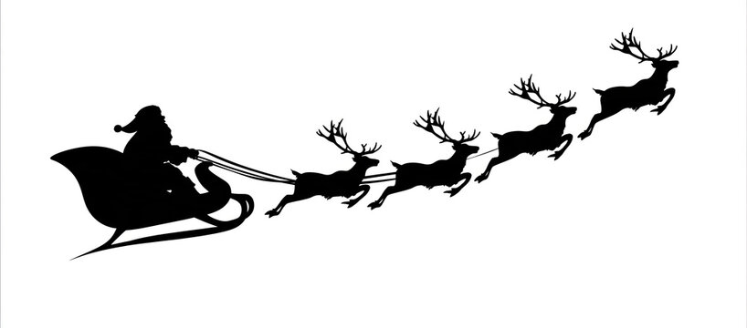 a horizontal black silhouette graphic of santa claus and  flying reindeer, isolated on a transparent background. 