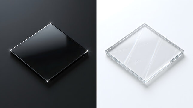 Contrast in Materials: A split image showcasing two square pieces of material, one a dark, reflective surface and the other a clear, textured pane, highlighting differences in texture and color.