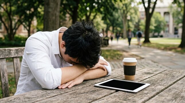 Overworked student, academic stress, study burnout and education pressure concept.