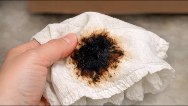 A hand grasping a napkin with a burnt piece of cloth, perhaps from a kitchen accident