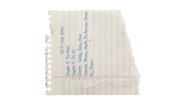 Lined paper fragment note sheet, torn school notebook writing mockup, isolated on transparent background