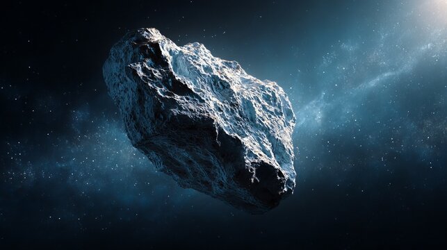 Massive asteroid drifting through deep space, illuminated by starlight, symbolizing exploration and cosmic mystery, concept for space travel