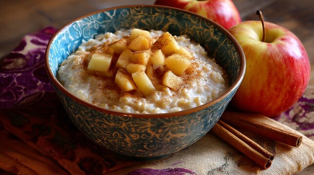 Creamy oatmeal bowl with warm cinnamon apples sits in rustic earthenware, offering a delicious concept for healthy breakfast recipes