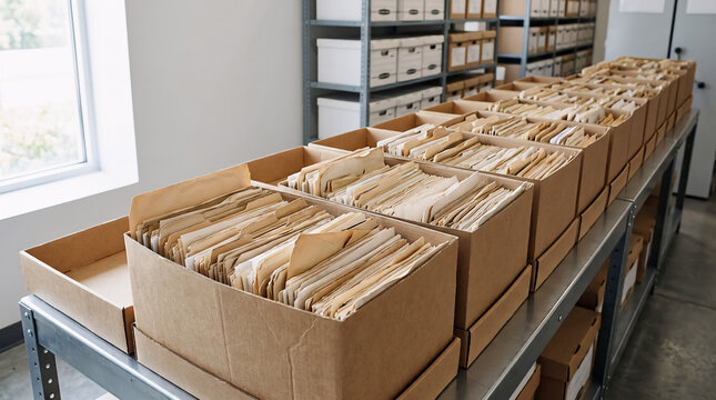 Long row of archive boxes with paper files on metal storage rack documents cardboard