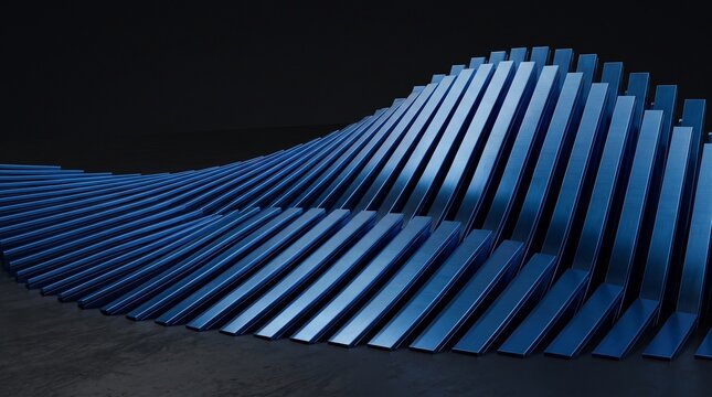 Abstract blue wave 3D render. Metallic blue cuboid bars forming a parametric curved structure on dark background. Futuristic architectural design concept for tech presentation backgrounds.