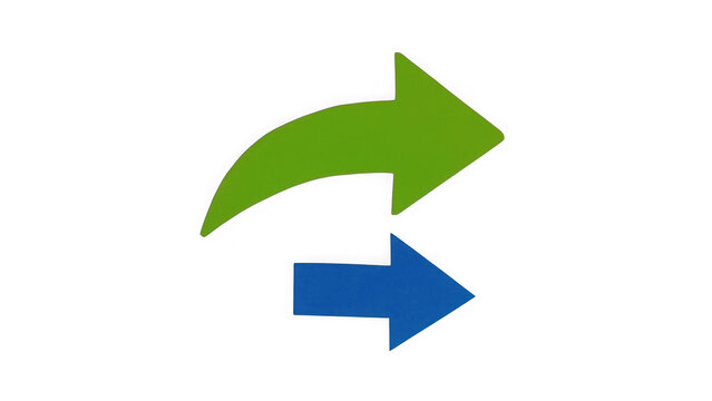 Two distinctive directional arrows in bright lime green and deep blue colors pointing towards the right side against a plain black background isolated on a transparent background