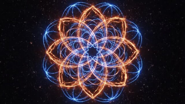 Sacred geometry flower of life animation, glowing orange and blue energy mandala, spiritual cosmic fractal background for meditation