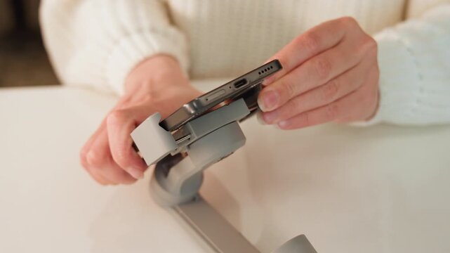 Close-up hands align and press adhesive tab onto padded wrist strap resting on support, revealing bending hinge movement, textured knit sleeve, and soft indoor tabletop lighting, with hand, wrist